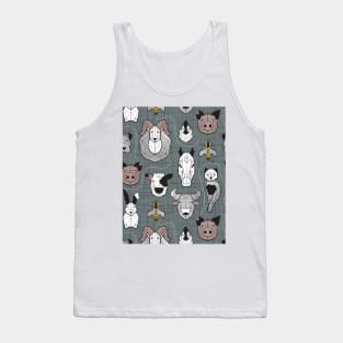 Friendly Geometric Farm Animals // pattern // green grey linen texture background black and white brown grey and yellow animals Tank Top